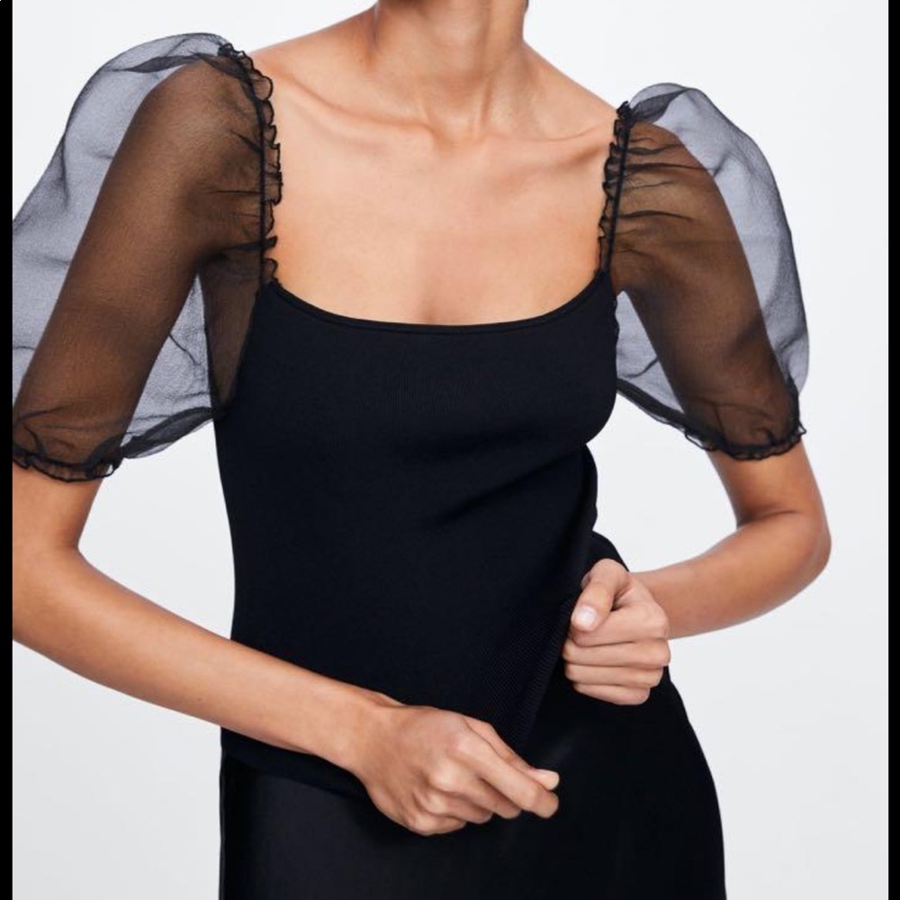 Zara Black Mesh Puff Sleeve Top